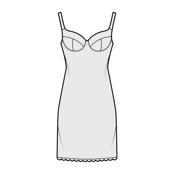Bra slip lingerie dress technical fashion illustration with molded cup, adjustable shoulder straps, scalloped edge — Stock Vector