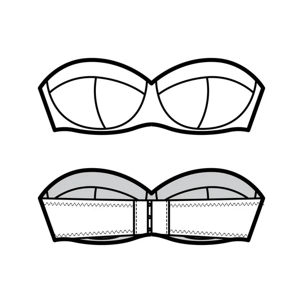 成形カップ、フックと目の閉鎖とブラストラップレスランジェリー技術的なファッションイラスト。平型ブラジャーテンプレート — ストックベクタ