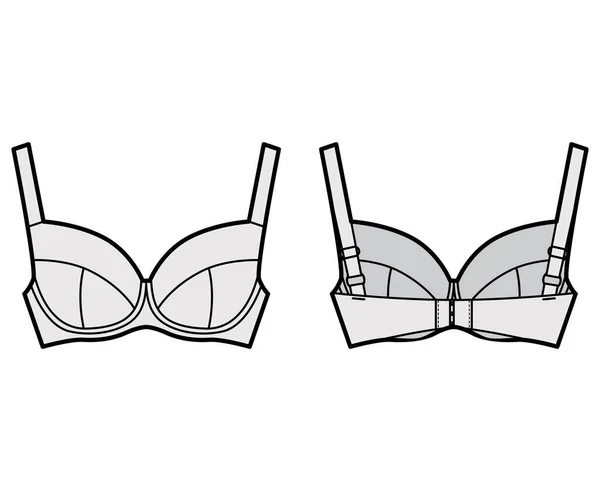 Sutiã suporte completo lingerie ilustração de moda técnica com alças largas ajustáveis completas, fechamento gancho-e-olho — Vetor de Stock