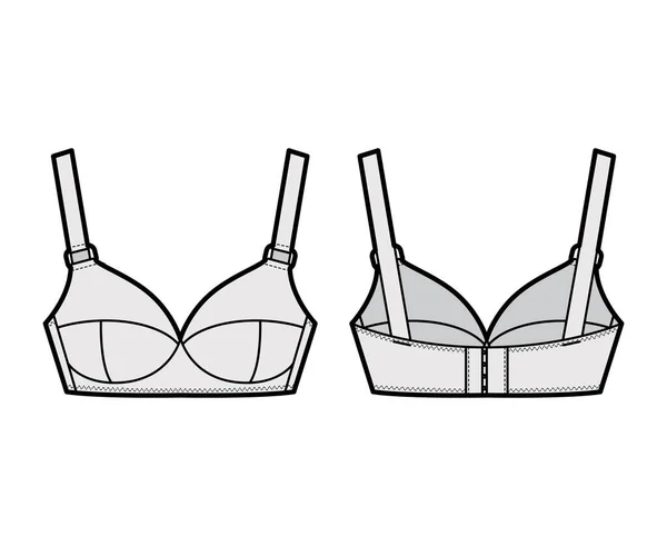 Maternidade Sutiã lingerie moda técnica ilustração com alças ajustáveis, copos moldados, fecho de gancho e olho —  Vetores de Stock
