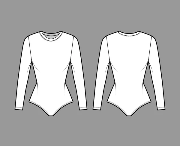 Stretch-Jersey-Body technische Mode-Illustration mit Rundhalsausschnitt, langen Ärmeln, tailliertem Körper. Flacher Einteiler — Stockvektor