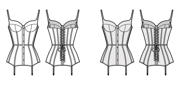 Corselette bustier Marry Widow lingerie ilustração de moda técnica com copo moldado, costas atadas, ligas anexadas. — Vetor de Stock