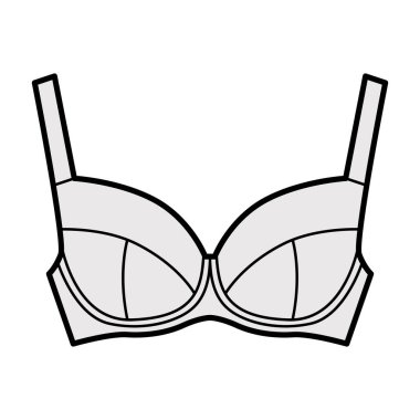 Tamamen ayarlanabilir geniş omuz kayışları, kanca ve göz kapama ile sütyen tam destek teknik moda illüstrasyon