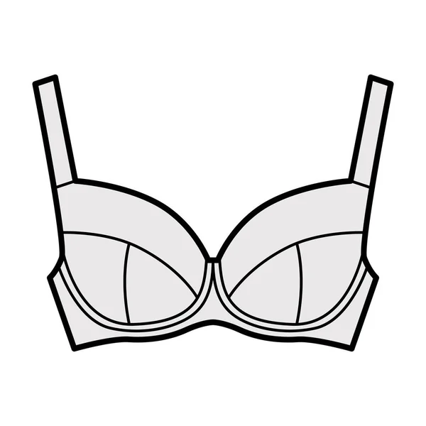 Reggiseno pieno supporto lingerie illustrazione tecnica di moda con spallacci larghi regolabili, chiusura con gancio e occhio — Vettoriale Stock