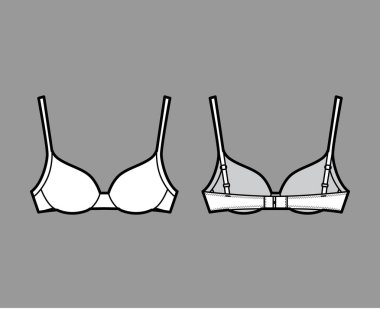 Bra contour molded cup lingerie technical fashion illustration with full adjustable shoulder strap, hook-and-eye closure clipart