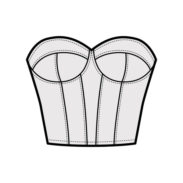 Bustier Corsetry内衣技术时尚插图与模制杯，骨头，钩眼关闭，苗条的适合。扁平 — 图库矢量图片