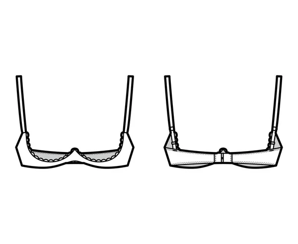 Полка бюстгальтера открытая чашка нижнего белья техническая мода иллюстрация с регулируемыми плечевыми ремнями, крюк и глаз закрытия. Плоская квартира — стоковый вектор