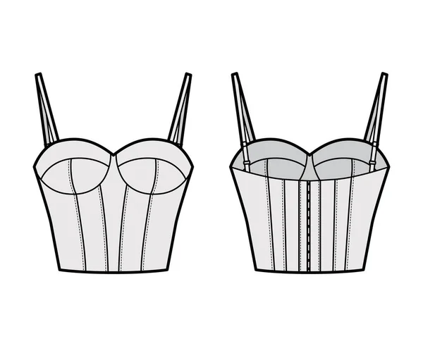 Sutiã longline lingerie técnica moda ilustração com alças ajustáveis, copo moldado, gancho-e-olho encerramento — Vetor de Stock