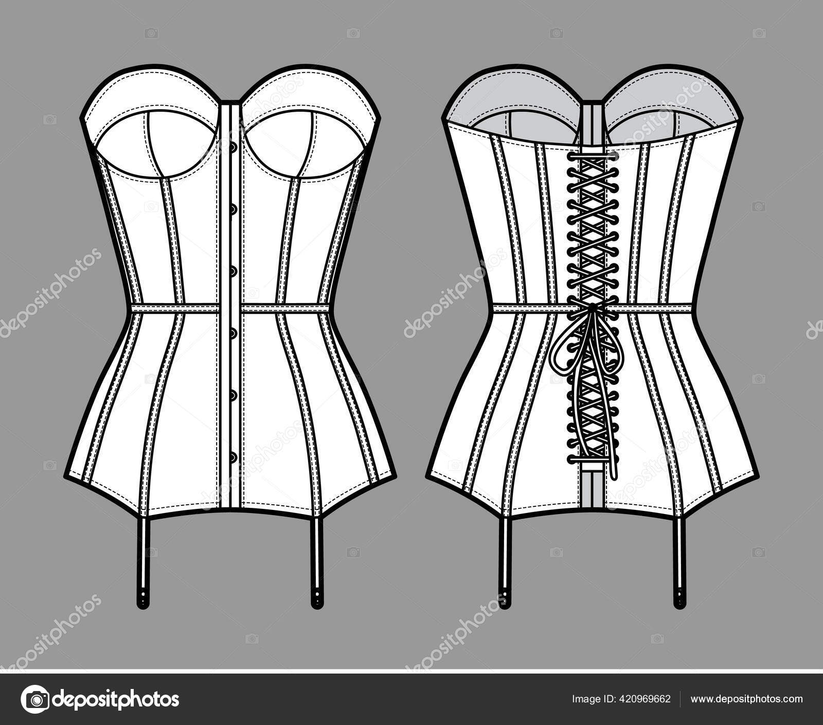 Torsolette basque bustier lingerie technical fashion illustration with  molded cup, back laced, attached garters. Flat Stock Vector by  ©Katya_Golovchyn 420969662