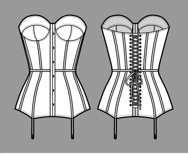 Torsolette baskische Bustier-Dessous technische Mode Illustration mit geformter Tasse, Rücken geschnürt, befestigte Strumpfbänder. Flach — Stockvektor