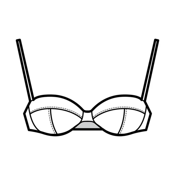 Balconette bra lingerie technical fashion illustration with full condisparenable shoulder straps, cup, hook-and-eye closure — 스톡 벡터