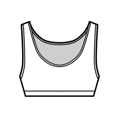 Spor sutyenli iç çamaşırı geniş omuzlu, teknik moda illüstrasyonlu. Düz sütyen şablonu 