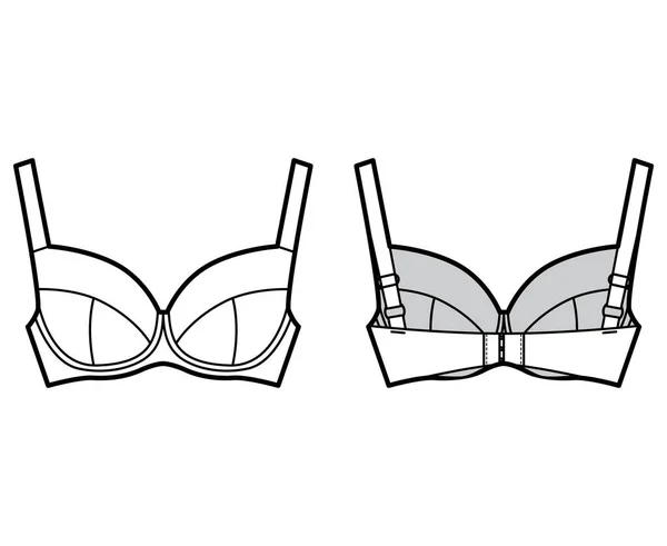 Sutiã suporte completo lingerie ilustração de moda técnica com alças largas ajustáveis completas, fechamento gancho-e-olho — Vetor de Stock