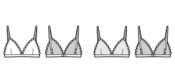 Triangle Podprsenka technické módní ilustrace s nastavitelnými popruhy, hák-a-oko uzavření, hřebenatky poháry. Flat — Stockový vektor