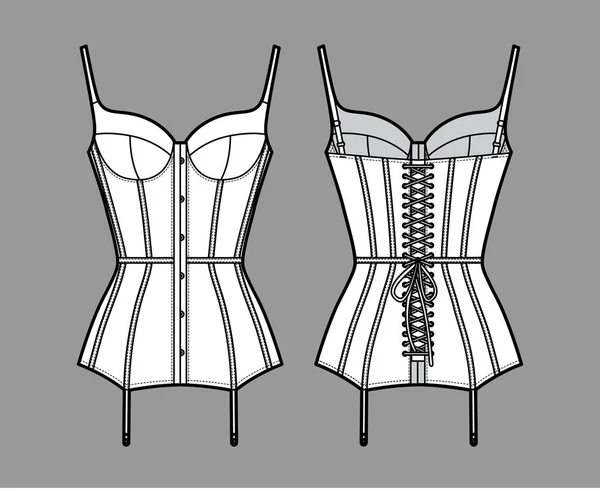 Bustier Corselette Marry Widow lingerie tecnica illustrazione di moda con coppa stampata, dietro allacciato, giarrettiere allegate. — Vettoriale Stock