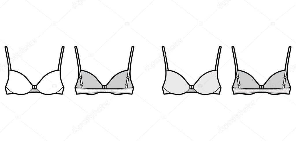 Bra front closure lingerie technical fashion illustration with full adjustable shoulder straps, molded cups. Flat