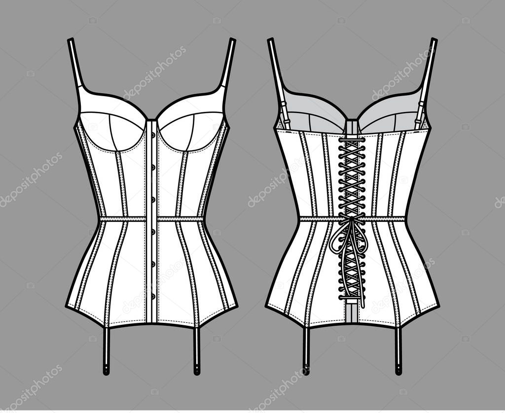 Corselette bustier Marry Widow lingerie technical fashion illustration with molded cup, back laced, attached garters. 
