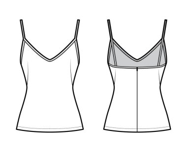 Gecelik, tatlı boyunlu, ince kayışlı, dar kesimli, sırt fermuarlı, üst düzey teknik tasvir. Düz 