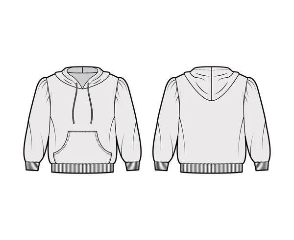 Cropped Baumwolle-Jersey Kapuzenpullover technische Mode Illustration mit lockerer Passform, gepuffte Schultern, Ellenbogenärmel Fronttasche — Stockvektor