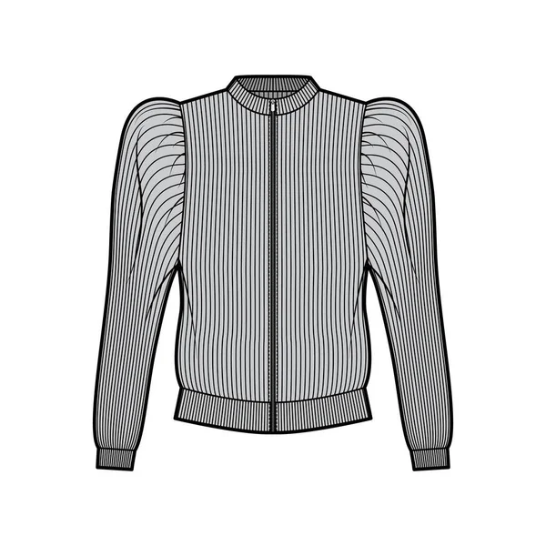 Rits-up geribbelde katoen-jersey sweater technische mode illustratie met verzamelde, gezwollen lange mouwen, ontspannen trui — Stockvector