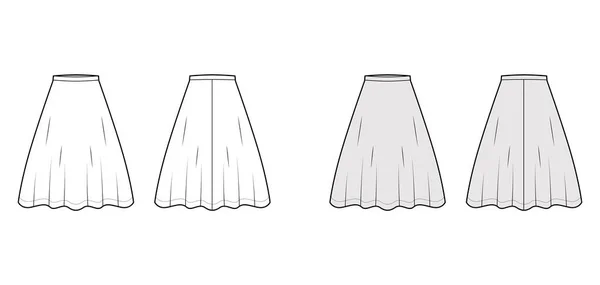 Kjol flammade skridskoåkare teknisk mode illustration med knälängder, A-line fullhet, tunn linning. Platt botten — Stock vektor