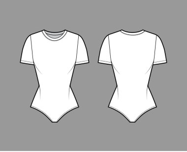 Stretch-jersey vücut giysisi. Teknik moda çizimi. Personel yakası, kısa kollu, vücuduna uygun. Düz tek parça. 