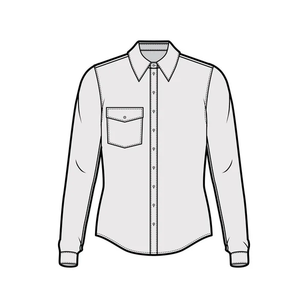 Ilustração de moda técnica de camisa clássica com mangas compridas, fixação de botão frontal, bolso de aba angular, jugo arredondado —  Vetores de Stock