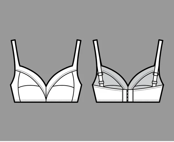 Soutien-gorge soft cup lingerie illustration de mode technique avec bretelles entièrement réglables, fermeture crochet-oeil. Plat — Image vectorielle