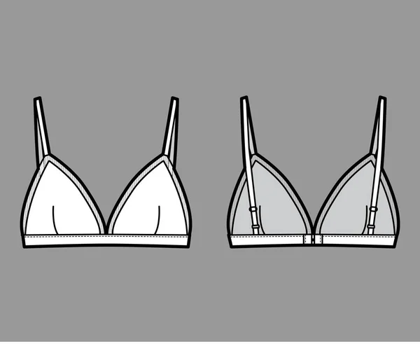 Triângulo Sutiã lingerie ilustração de moda técnica com alças ajustáveis, fechamento de gancho e olho, copos de borda pura. Plano — Vetor de Stock