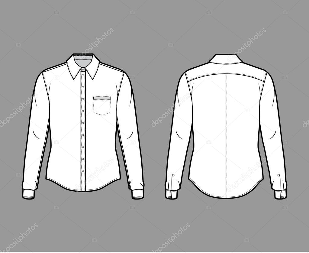 Classic shirt technical fashion illustration with long sleeves with cuff, front button-fastening, collar, back yokes