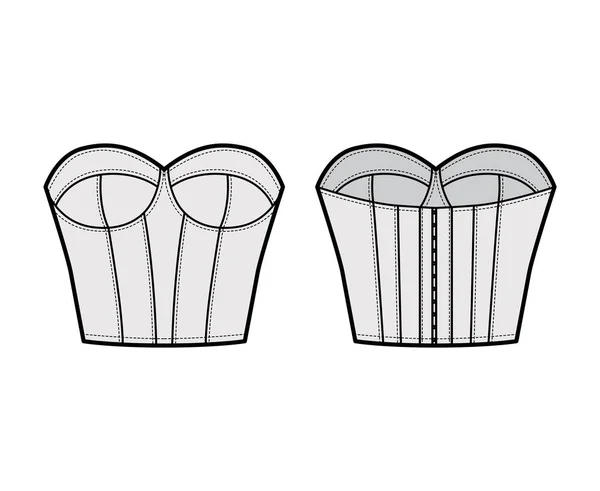 Бюстье Corsetry техническая мода иллюстрации с формованной чашки, кости, крюк-и-глаз закрытия, тонкая посадка. Плоская квартира — стоковый вектор