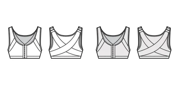 Soutien-gorge lingerie posture illustration de mode technique avec larges bretelles réglables, fermeture crochet-oeil. Plat — Image vectorielle