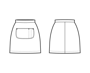 Etek önlüğü teknik tasviri mini silueti, kalem dolgunluğu, büyük orta cebi düz alt şablonu