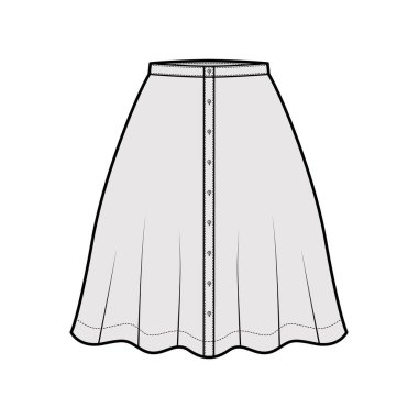 Etek düğmesi aşağı teknik moda illüstrasyon yarı dairesel diz siluet doluluk ile. Düz alt şablon