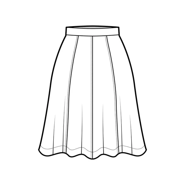 Kjol åtta gore teknisk mode illustration med nedanför knät silhuett, semi-cirkulär fullhet botten mall — Stock vektor