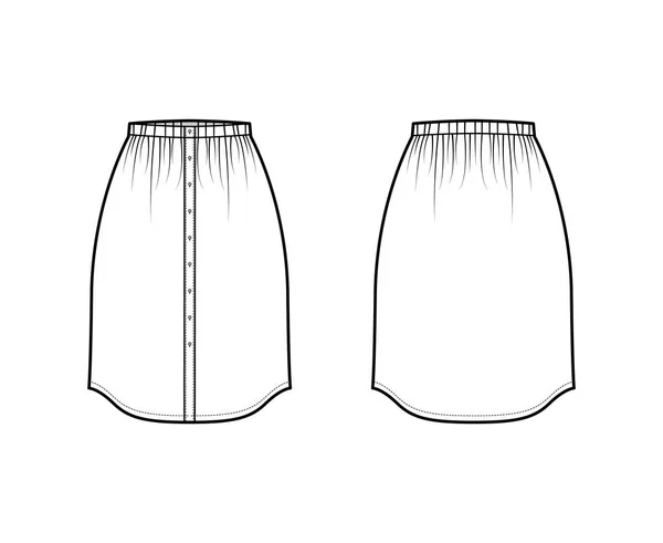 Skirt knoflík dolů dirndl technické módní ilustrace s rovným kolenem silueta, tužka plnost spodní šablony — Stockový vektor
