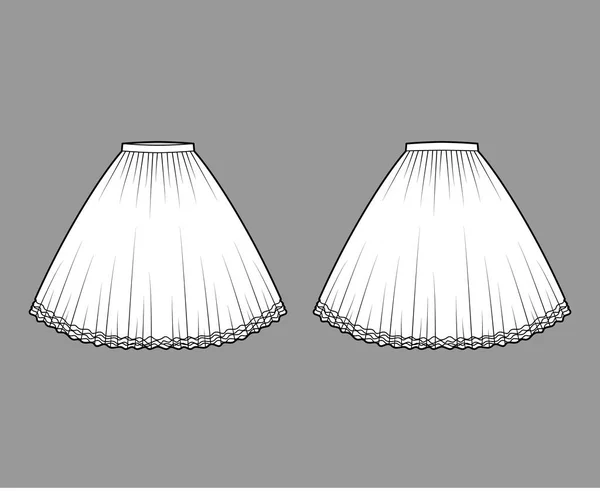 Kjol tutu crinoline teknisk mode illustration med knä silhuett, cirkulär fullhet, tunn linning. Platt botten — Stock vektor