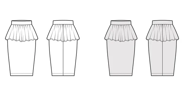 Falda peplum vaina técnica moda ilustración con silueta de rodilla recta, plenitud de lápiz, cintura gruesa. Plano — Archivo Imágenes Vectoriales