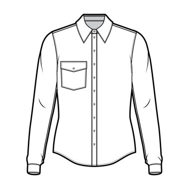 Klasik gömlek teknik tasviri, uzun kollu, kol düğmesi takılı, açılı cep.