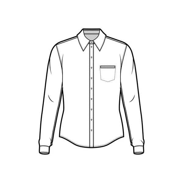 Классическая рубашка с длинными рукавами с манжетой, передней пуговицей, воротником, карманом — стоковый вектор