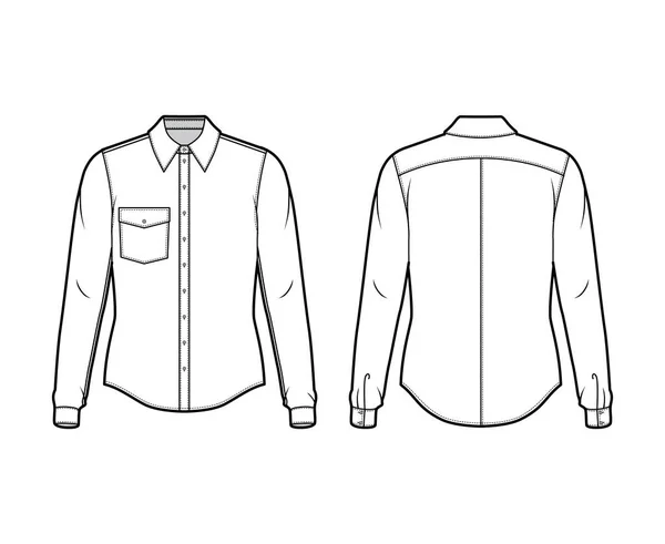 Klasická košile technické módní ilustrace s dlouhými rukávy, zapínání předních knoflíků, zaoblená kapsa, zaoblené jho — Stockový vektor