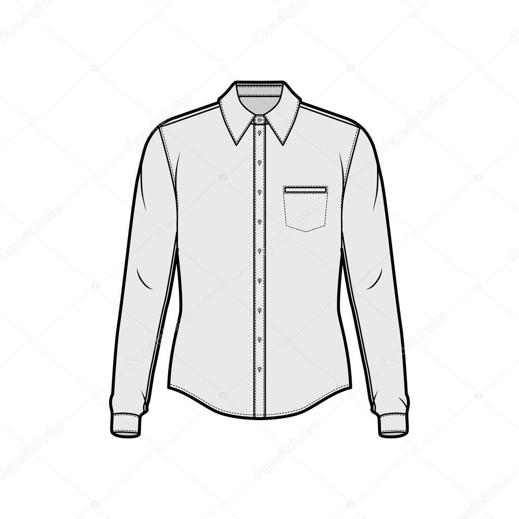 Classic shirt technical fashion illustration with long sleeves with cuff, front button-fastening, collar, welt pocket