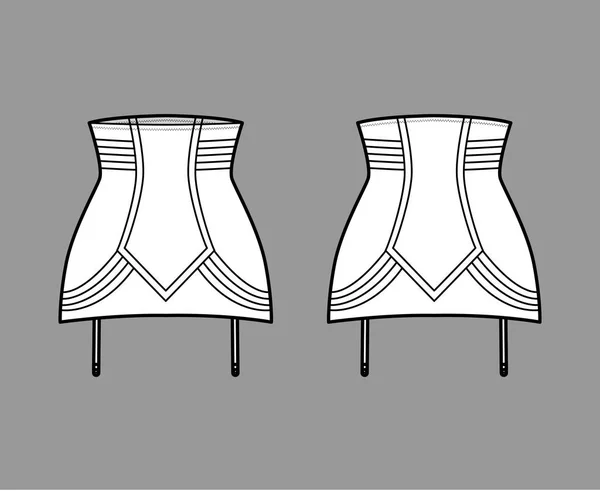노점상 바닥을 펼쳐 놓은 잡동사니 Look High Waist lingerie technical fashion illustration with attached garters. 평평 한 주형 — 스톡 벡터