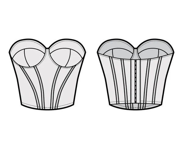 Bustier longline Corsetry BH Dessous technische Mode Illustration mit geformter Tasse, Knochen, Haken-und-Ösen-Verschluss. Flach — Stockvektor