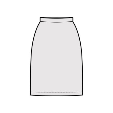 Etek kılıfı teknik tasviri, düz diz silueti, kalem dolgunluğu, ince bel. Düz taban