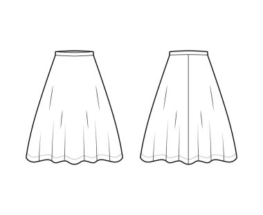 Skirt flared skater technical fashion illustration with knee lengths, A-line fullness, thin waistband . Flat bottom  clipart