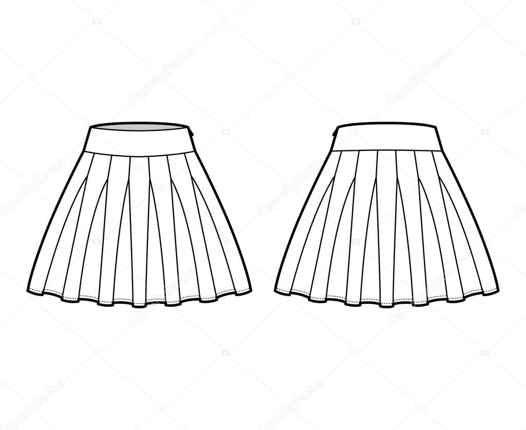 Skirt rah-rah Cheer technical fashion illustration with above-the-knee lengths silhouette, thick waistband. Flat bottom