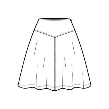 Etek boyunduruğu, diz üstü silueti, yarı dairesel dolgunluğu olan teknik moda illüstrasyonu. Düz taban