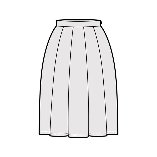 Skirt box pleat technical fashion illustration with below-the-knee silhouette, thin waistband, side zipper. Flat — Stock Vector