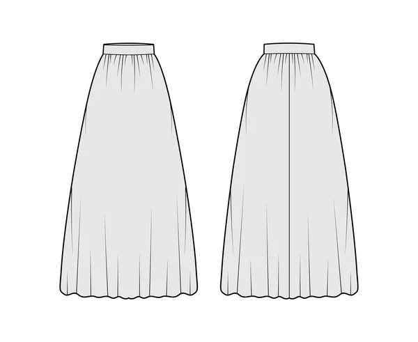 Skirt maxi dirndl τεχνική απεικόνιση μόδας με δάπεδο μήκος αστράγαλο σιλουέτα, ημι-κυκλική πληρότητα Επίπεδη βάση — Διανυσματικό Αρχείο